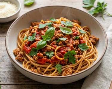 Spaghetti with Roasted Pepper Sauce and Minced Turkey