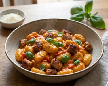 Gnochi peperoni, krém z pečených paprik, salsiccia