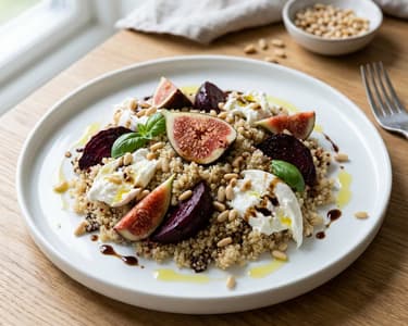 Quinoa salad, burrata, roasted beetroot, figs, pine nuts