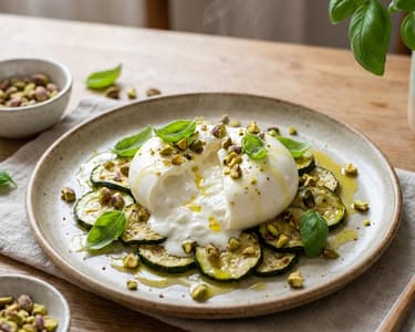 Krémová burrata na teplých cuketách s citrónem a pistáciemi
