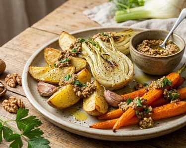 Roasted vegetables and nut pesto