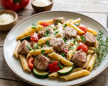 Penne s vepřovým masem a zeleninou