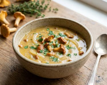 Onion soup with chanterelles
