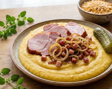 Pea puree with smoked meat