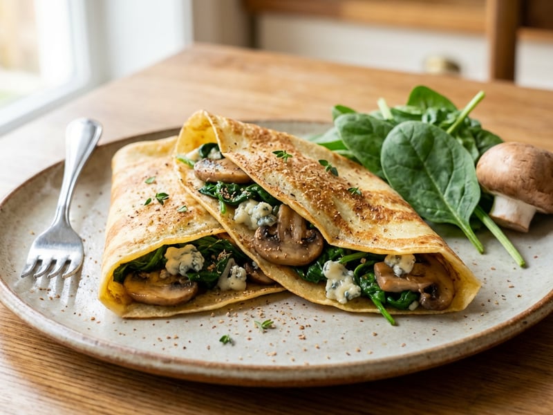 Pancakes with spinach and Roquefort cheese