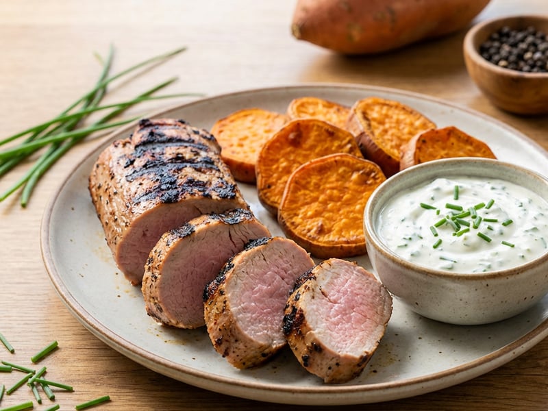 Grilled Pork Tenderloin with Sweet Potatoes and Dip