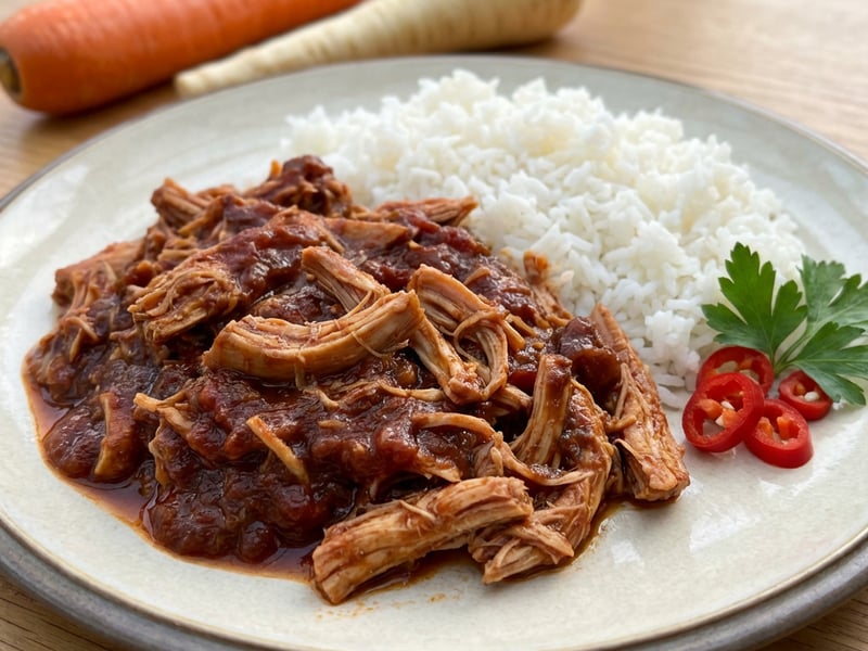 Pulled turkey meat from a slow cooker