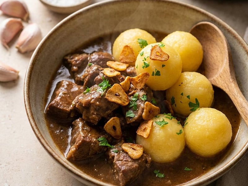 Jehněčí na česneku s bramborovým knedlíkem