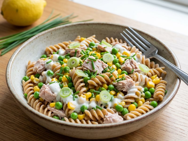 Pasta salad with tuna, corn, and peas