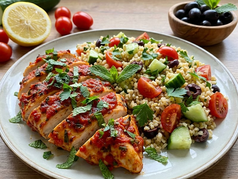 Chicken breasts in tomato marinade with chili and bulgur salad with mint