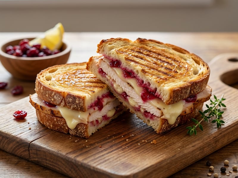 Baked sandwich with cheese, turkey meat, and cranberry dressing