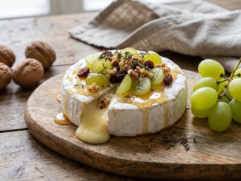 Grilled Hermelín with Walnuts, Raisins, and Grapes