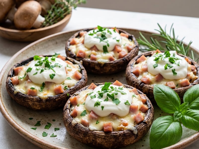 Mushrooms stuffed with ham, mozzarella, and ricotta