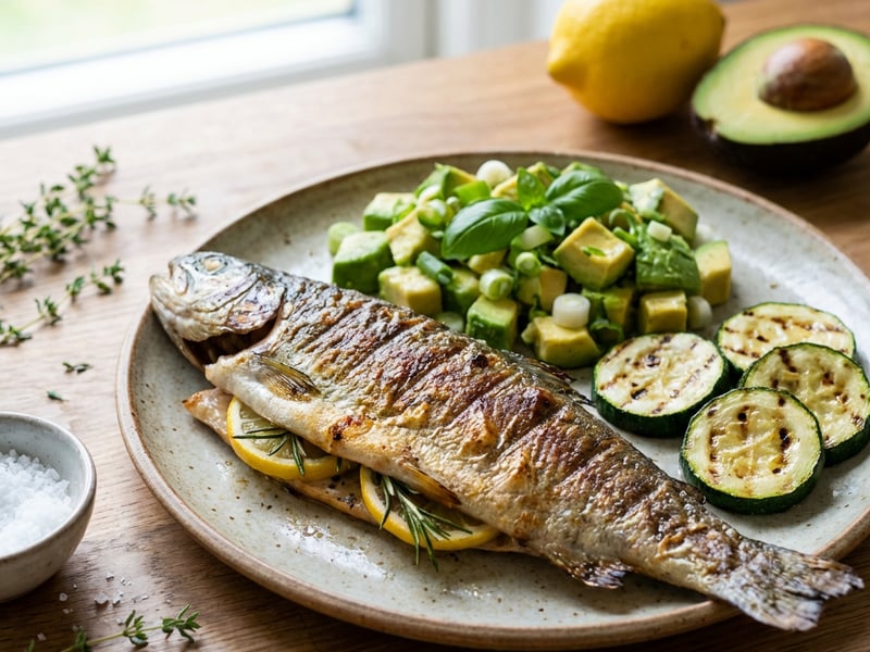 Grilled trout with avocado salad