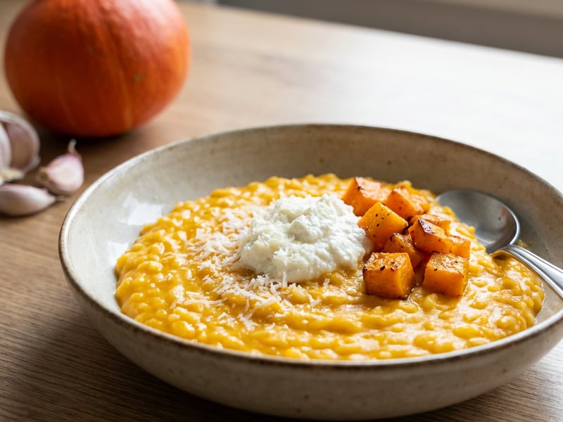 Dýňové risotto s pečeným česnekem a ricottou