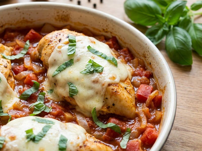 Baked chicken breasts with mozzarella in tomato sauce