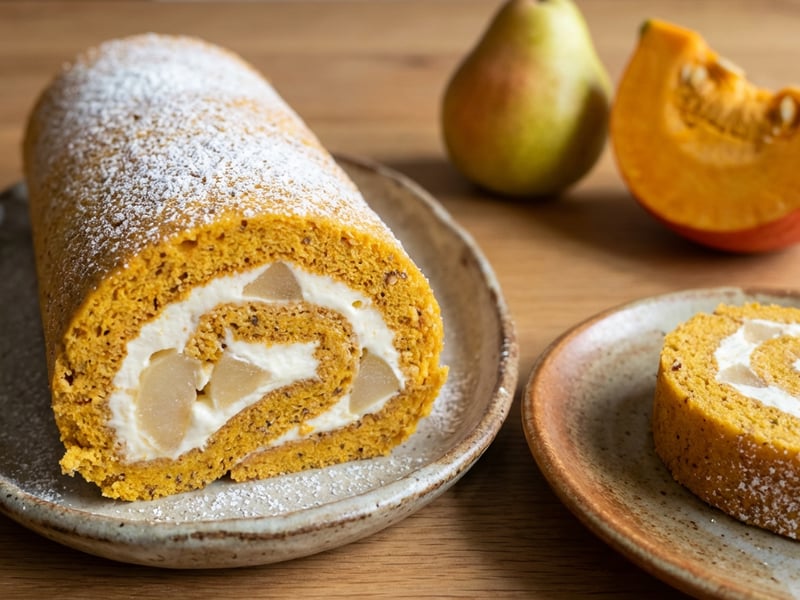 Pumpkin roll with light cream and pears