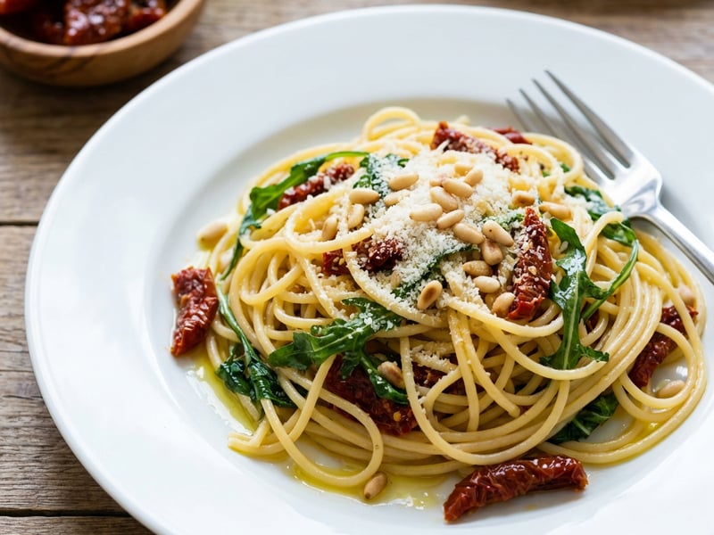 Spaghetti with Sun-Dried Tomatoes and Arugula
