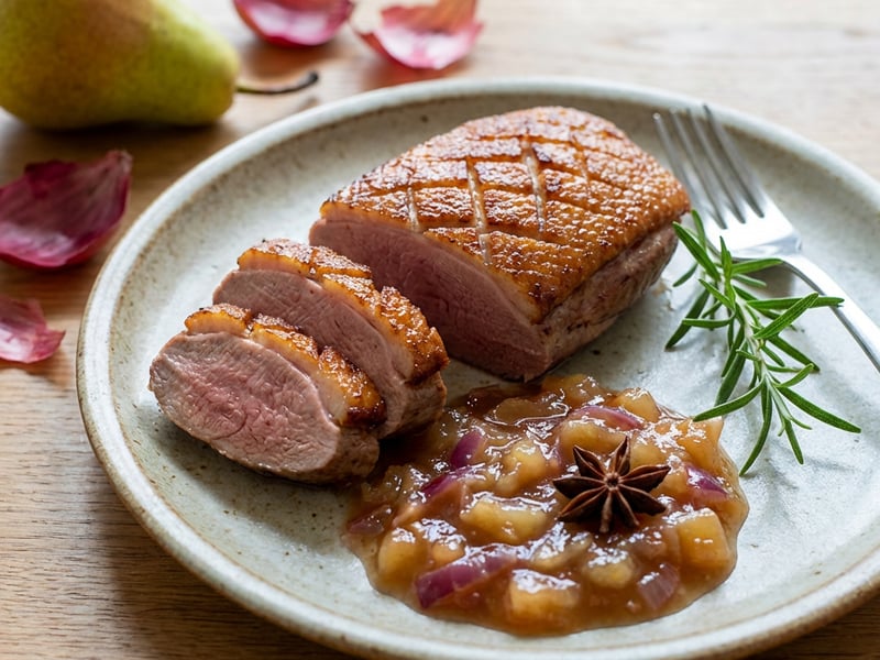 Svatomartinský steak z husího prsa s hruškovým chutney