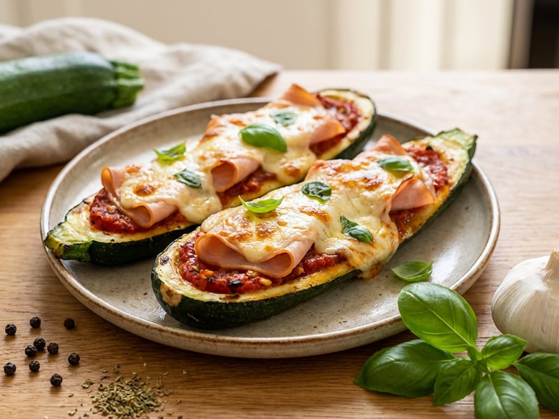 Baked Zucchini Stuffed with Turkey Ham and Mozzarella