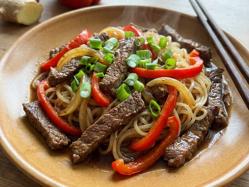 Beef stir-fry with rice noodles
