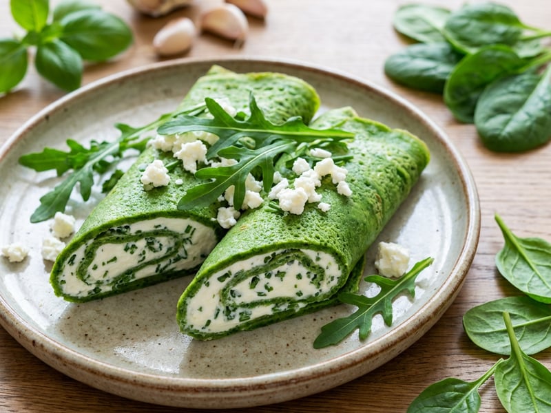 Spinach Pancakes with Quark, Balkan Cheese, and Arugula