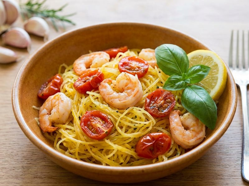 Spaghetti Squash with Shrimp and Cherry Tomatoes