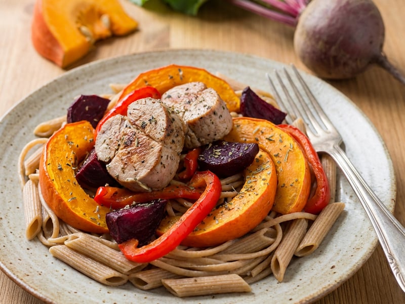 Pasta with pork tenderloin and roasted vegetables