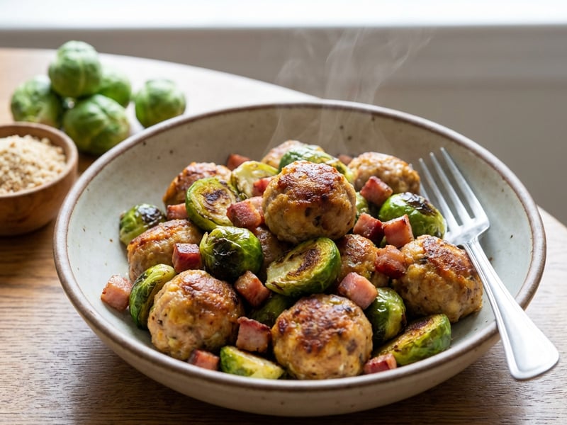 Meatballs baked with Brussels sprouts