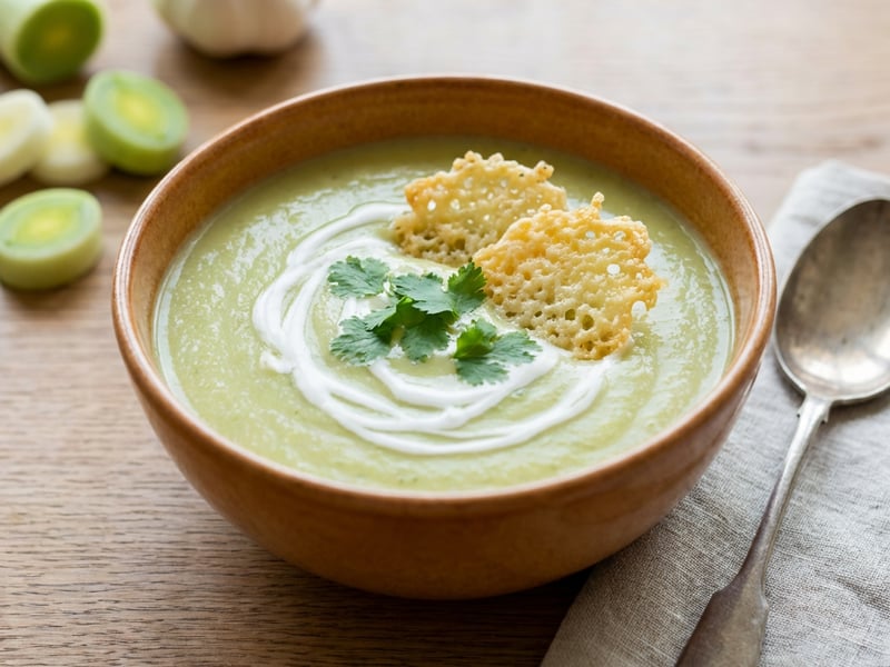 Leek Cream Soup with Coconut Milk and Parmesan Crisp 