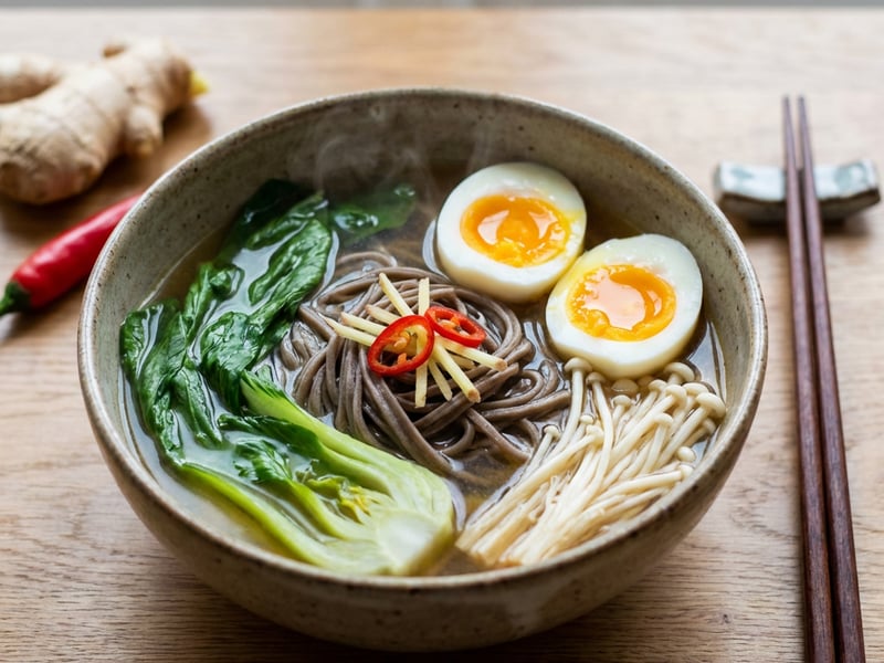 Vývar „po asijsku“ se soba nudlemi, vejcem, pak choi a houbami enoki
