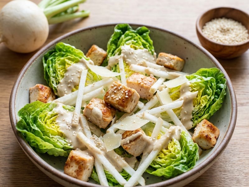 Salad with Turnip, Tahini Dressing, and Chicken Meat
