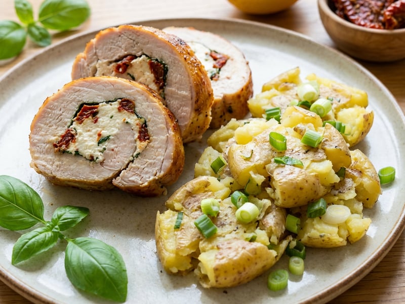 Turkey roulade with ricotta and mashed potatoes