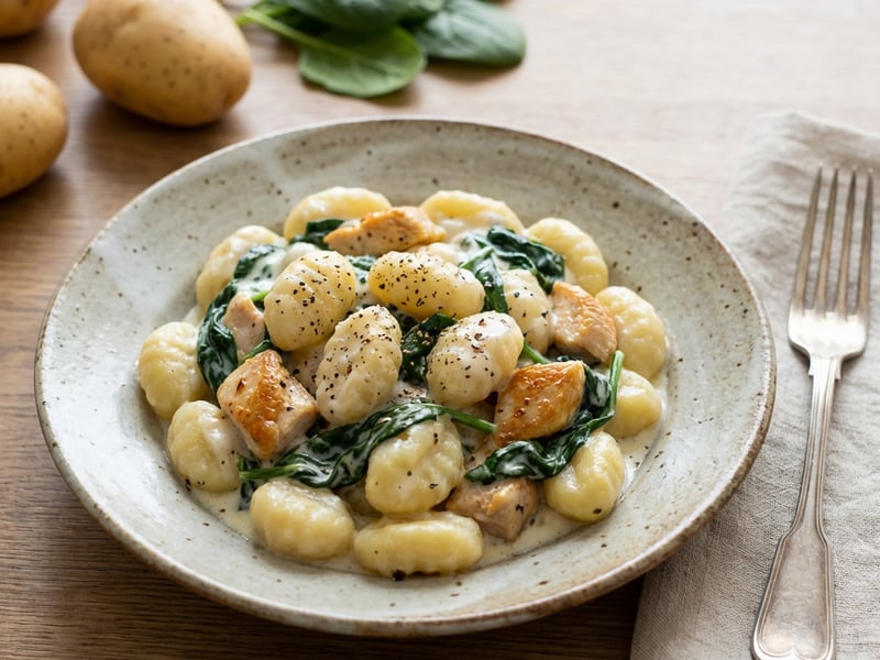 Gnocchi se špenátem a kuřecím masem