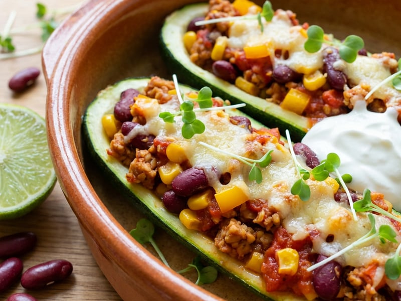 Baked zucchini with tempeh