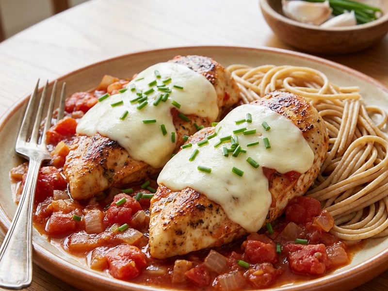 Chicken breasts in tomato sauce with mozzarella