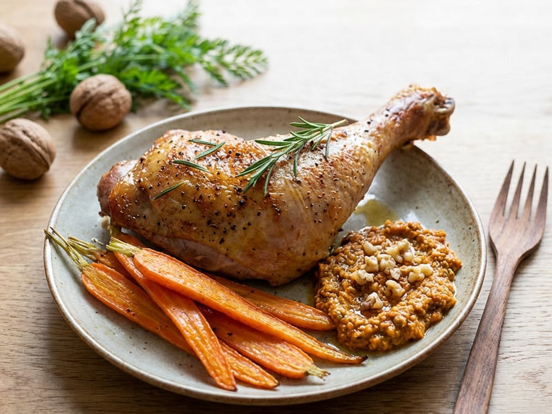 Roasted turkey thigh with carrots and carrot tops