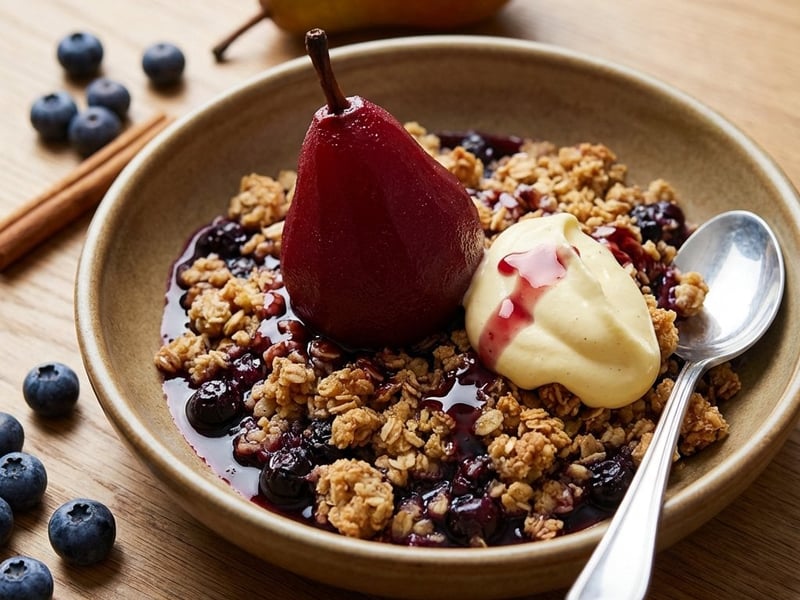 Pear and Blueberry Crumble with Poached Pears and Vanilla Cream