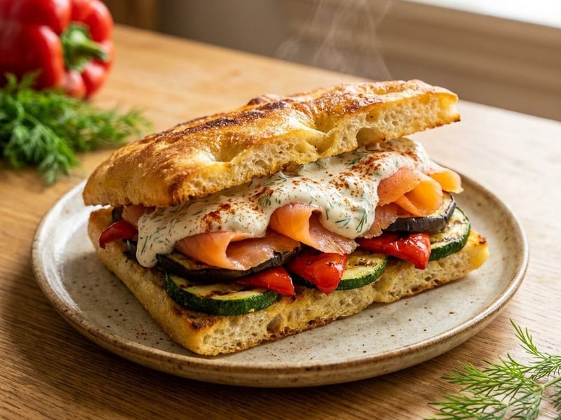 Focaccia with grilled vegetables, smoked salmon, and dill remoulade