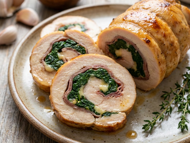 Festive Chicken Roulade with Dried Ham, Parmesan, and Spinach
