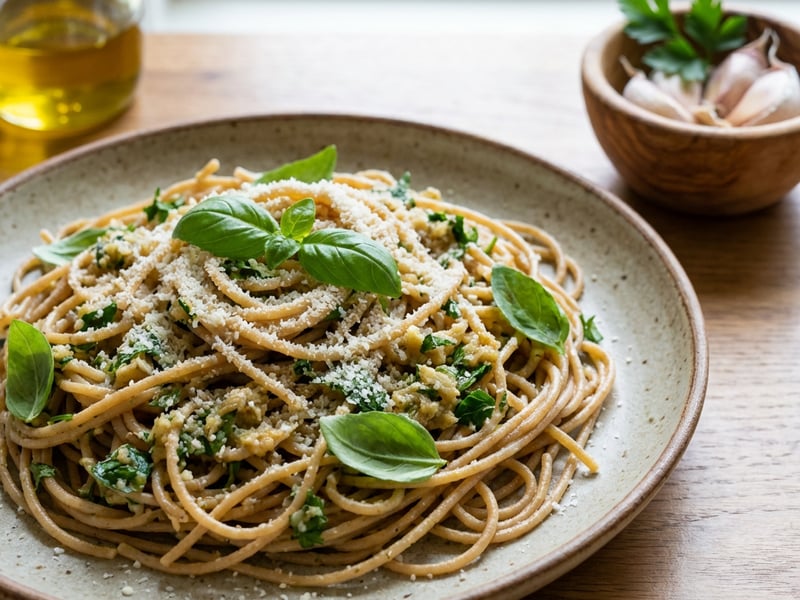 Whole-wheat spaghetti with roasted garlic pesto