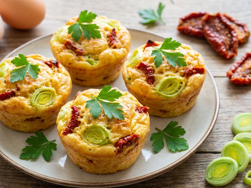 Vaječné muffiny se sušenými rajčaty a pórkem