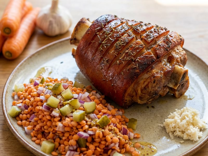 Baked Pork Knuckle with Thyme and Lentil Salad
