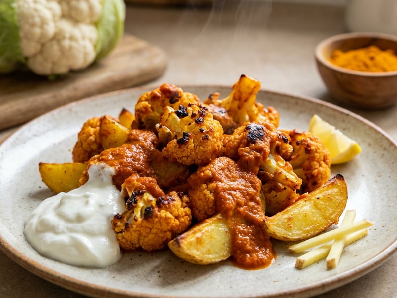 Pečený Tandoori květák s bramborovými čtvrtkami