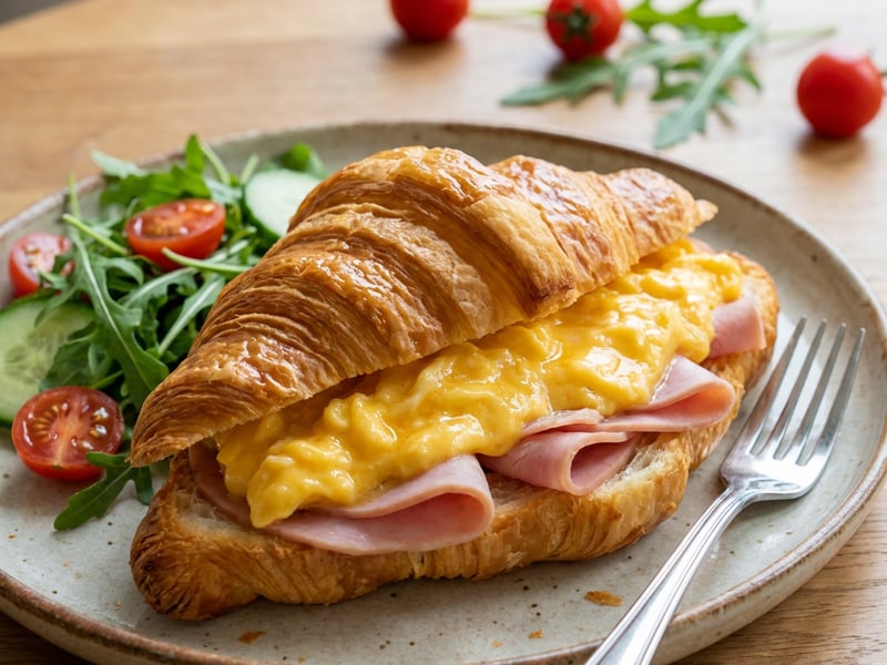 Croissant filled with creamy scrambled eggs and ham