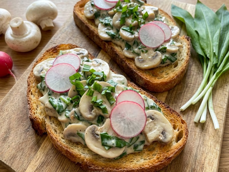 Toast with creamy mushrooms and wild garlic