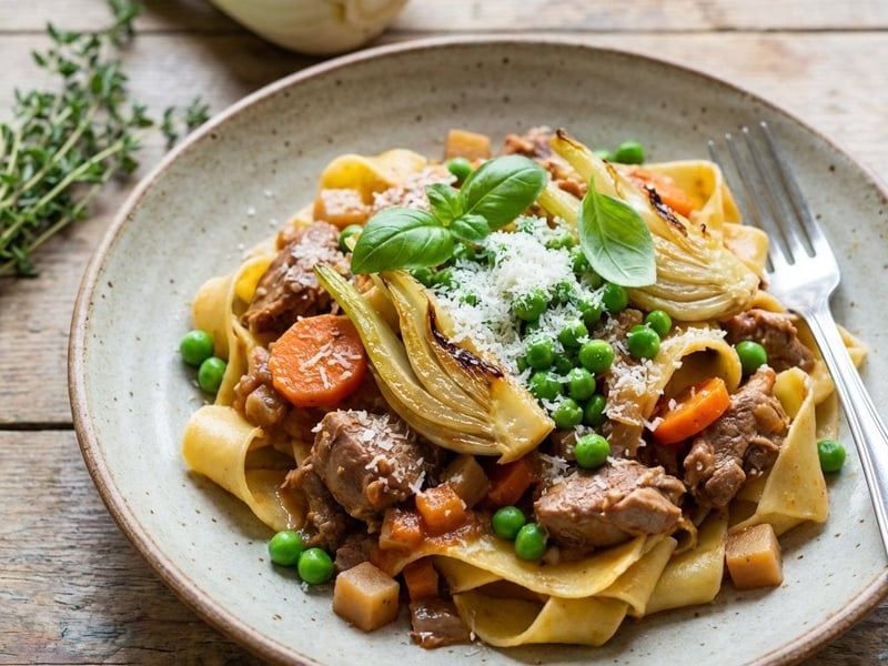 Pappardelle s králičím ragú, hráškem a fenyklem