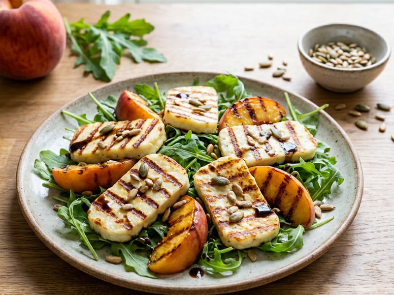Salad with grilled halloumi cheese and peach