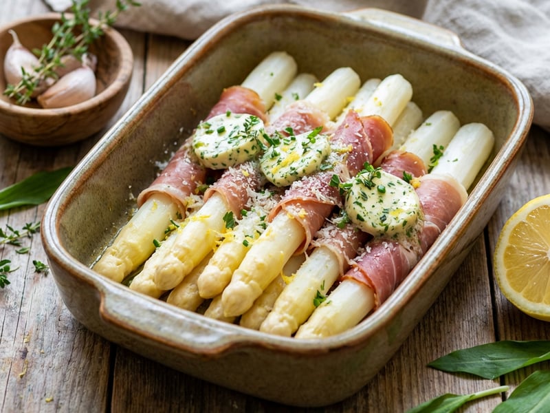 White asparagus baked with Parma ham and herb butter