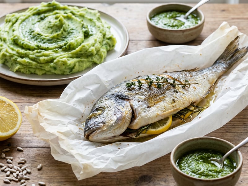 Sea Bream en Papillote with Potato Purée and Basil Pesto